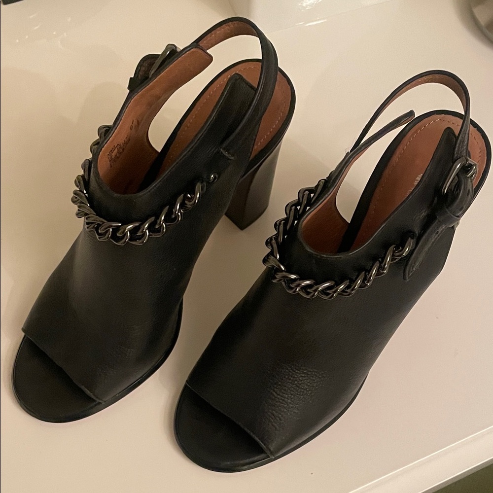 Coach Leanna Black Leather Heels with Chain Accent